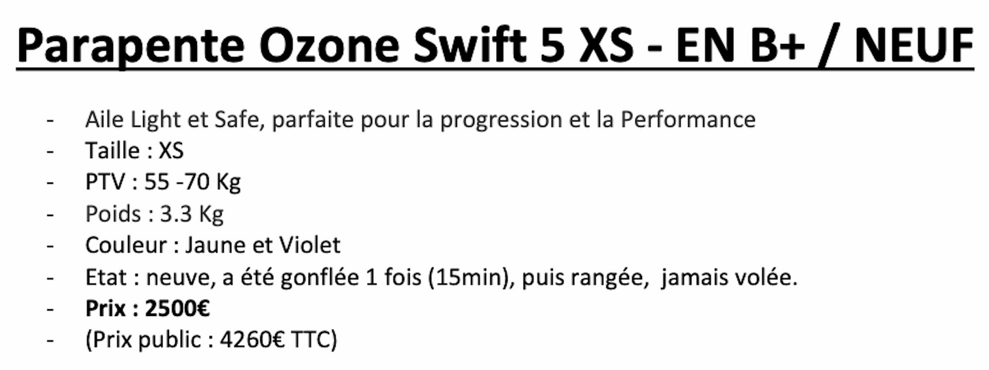 Parapente Ozone Swift 5 - Taille XS - (55-70kg) occasion