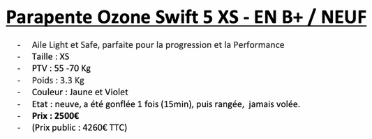 Parapente Ozone Swift 5 - Taille XS - (55-70kg) occasion