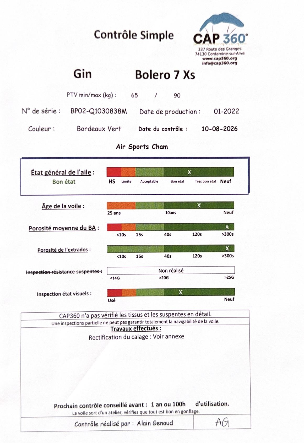 Gin Bolero 7 – Parapente EN-A parc école – Taille XS – Vert – PTV 65–90 kg